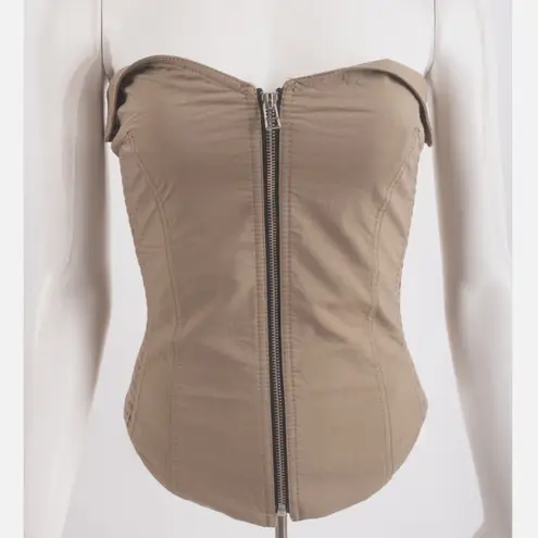 ZARA  Woman’s Bustier Corset Top. Tan Khaki Strapless Zip Front