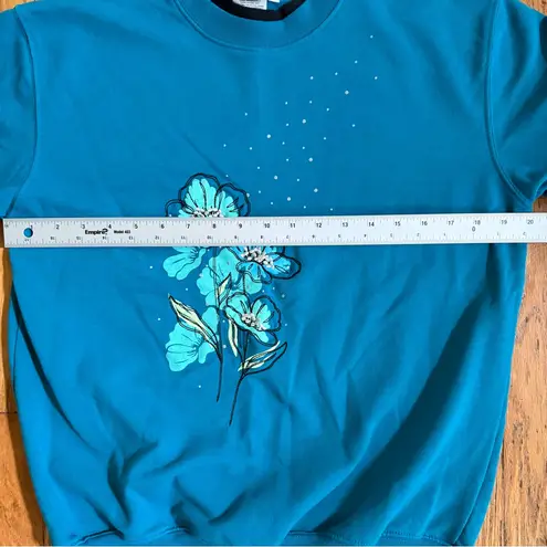 Grandmacore Granny Cottage Crewneck Sweatshirt Y2K Teal Blue Floral Medium