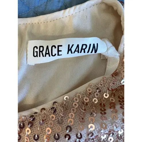 Grace Karin Top Womens Size L Tan Sleeveless Pullover Fringe Sequin Lined NWT