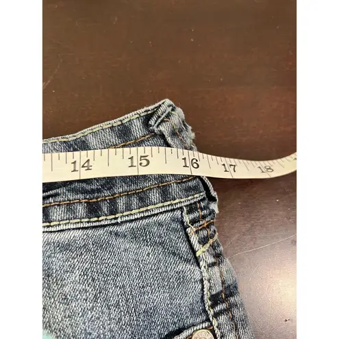 Truce Jeans Denim Bermuda Shorts Size 9 Embroidered Flap Pockets Distressed Blue