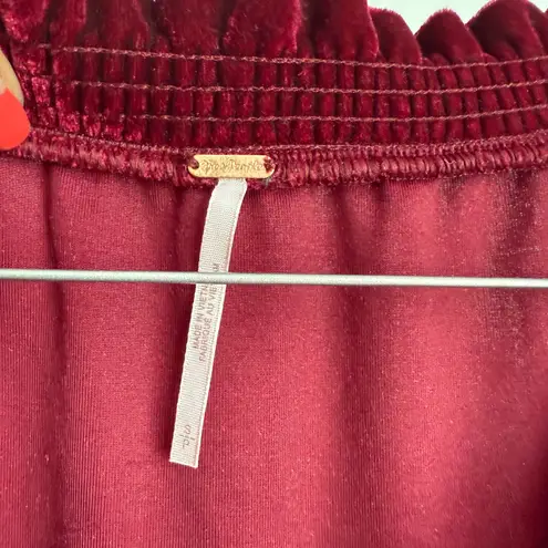 Free People  Velvet Top Red Wine Ruffle Neck Witchy Romantic Short Sleeve size S‎