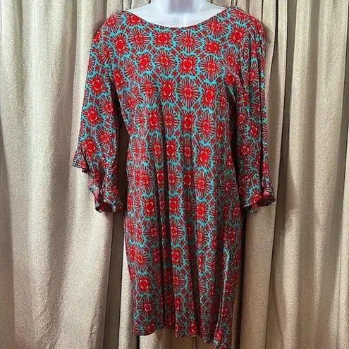 Escapada Escapade Living Turquoise & Red Geometric Boho Pattern Sz Large Dress