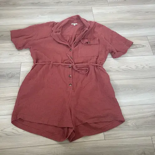 Madewell  Womens Muted Red Button Down‎ Collared Tie Waist Gauze Romper Size 1X thumbnail 3