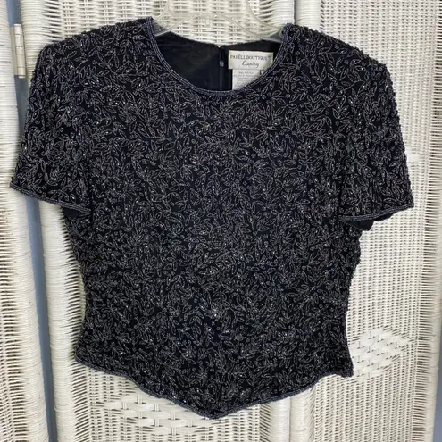 Papell Boutique intage 90s Evening Silk Beaded Top L Black Minimalist Glam