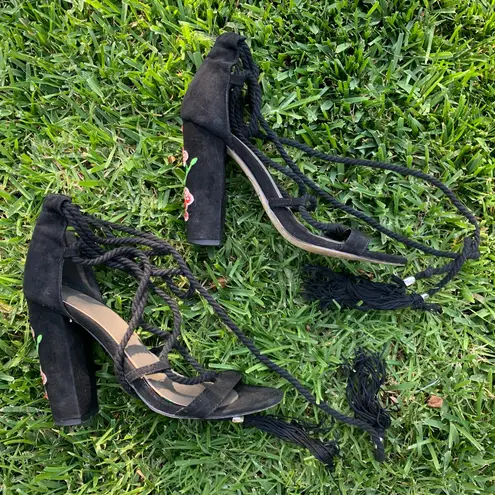 Missguided Black Embroidered Lace Up Block Heels