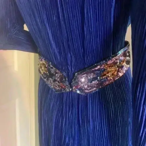 Nuit Vintage 80s Crepe Dress 10 Sequin Wasp Belt Blue Longsleeve Cocktail Formal