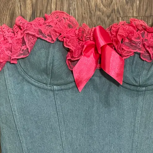 Daisy Corsets NWT Denim With Hot Pink Lace and Bow Trim Corset Black Lace Up Lrg