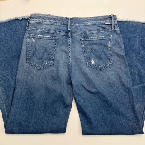 MOTHER Denim Mother Jeans The Roller Wide Leg Flare Raw Hem Distressed Medium Wash High Waist