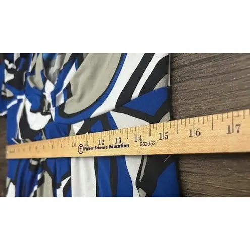 Bisou Bisou M Midi Dress Blue Gray White Stretch Abstract Print Modern Artsy