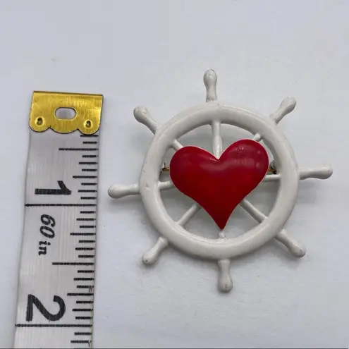 Vintage enamel helm wheel nautical brooch pin marine Hearts love White