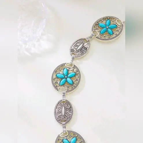 Turquoise Silver Color Vintage Carved Flower Style, Waist Chain Belt