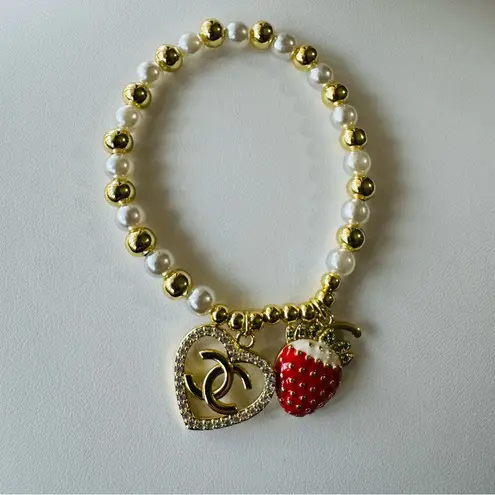 Gold and White Pearl Bracelet with Heart and Strawberry Charms Adjustable