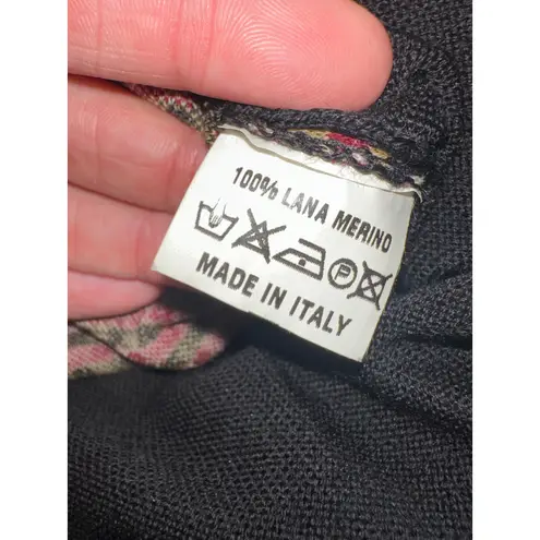 Messagerie Womens V Neck Sweater 100% Merino Wool Long Sleeve Checkered Black Size M