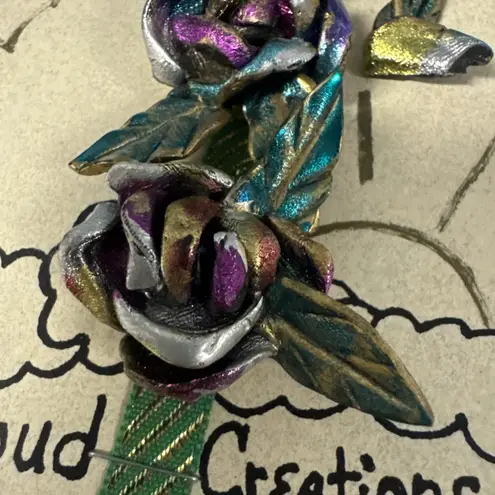 Vtg Purple Green Enamel Layered Open Rose Flower Button Covers Cloud Creations
