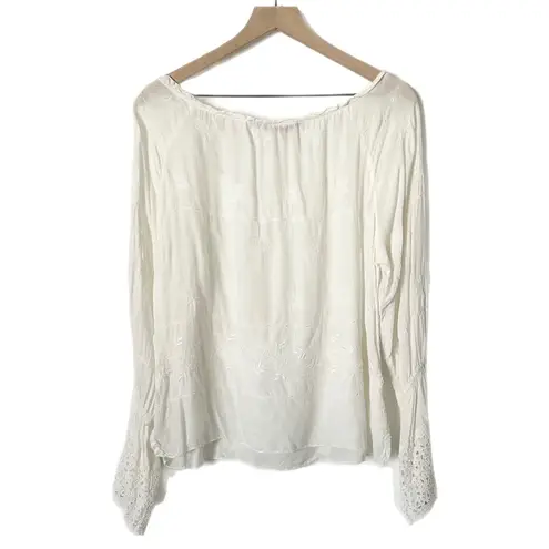Johnny Was White Embroidered Bell Sleeve Boho Peasant Blouse Top Size Large