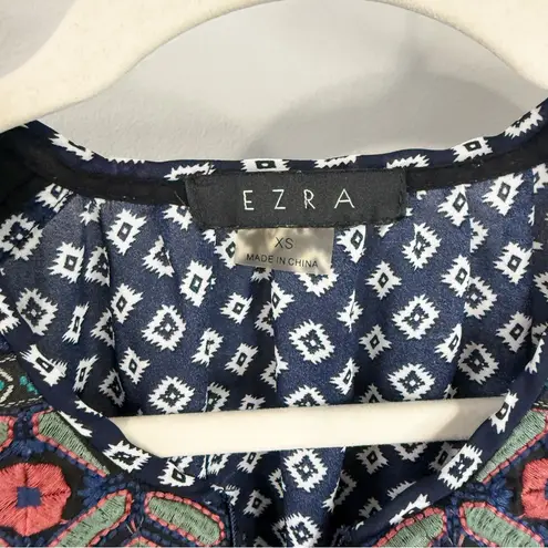 Ezra Boho Embroidered Tassel Blouse Navy White XS
