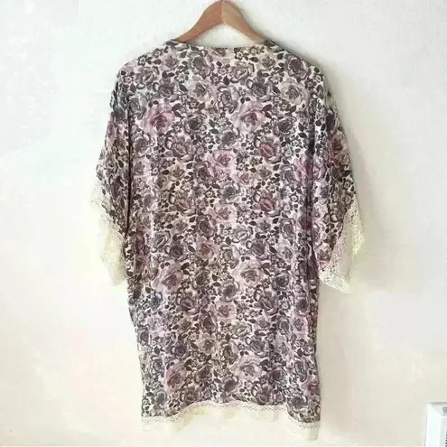 Indigo Rose L Floral Print Open Front Kimono Cardigan Coverup Shirt Crochet Boho Pink Size L