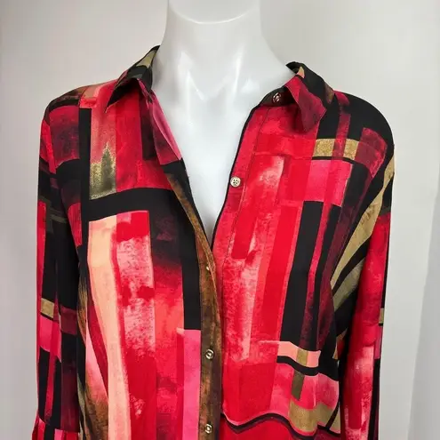 Rafaella Multicolor Geometric Print Button Up Bell Sleeve Midi Shirt Dress Sz 6