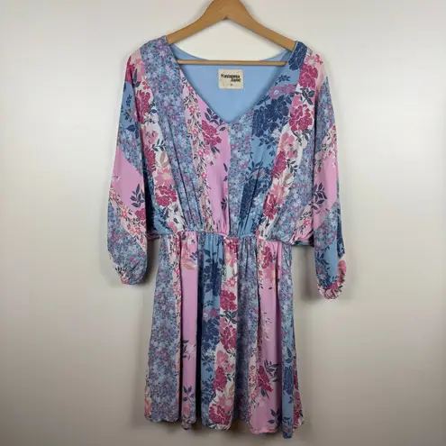 Savanna Jane Patchwork Dress Floral Print Dolman Sleeves Pastel Boho Sz 1X Girly Blue