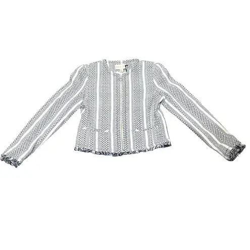 Adrienne Vittadini Small Woven Cotton Fringe Tweed Zip Jacket Blue White New Tag