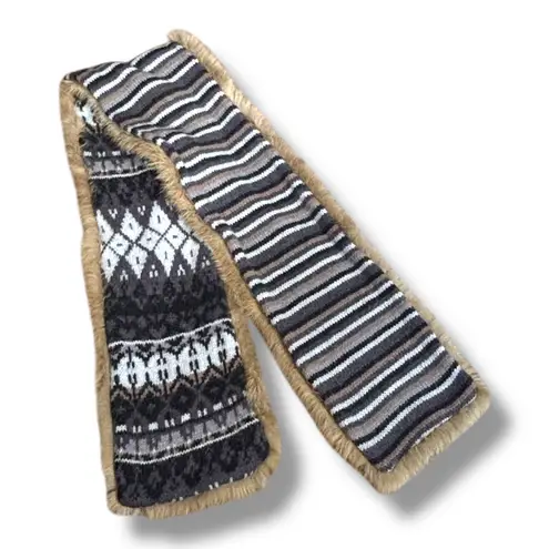 Vintage Y2K Fair Isle Shetland Wool Cardigan Rabbit Fur Trim Belted Scarf Nordic Gray