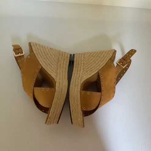 Report Wedge Sandals Caden Espadrille Studded Tan Platform Peep Toe Boxed Sz 7