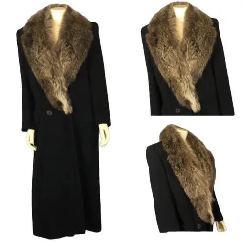 Perry Ellis Vintage 1960's-70's Fur Trimmed long black wool coat size 10