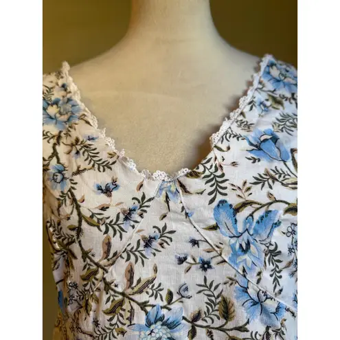 Laura Ashley Floral Blue White V Sleeveless Dress 8 boho cottageore Y2K linen