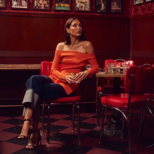 Veronica Beard Derick Off the Shoulder Ribbed Knit Top Deep Orange Side Split