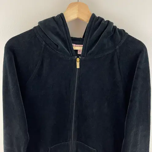 Juicy Couture Y2K Black Velvet Velour Hooded Tracksuit Jacket Sweatshirt