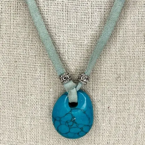 Blue Faux Turquoise Pendant Silver Tone and Light Blue Faux Suede Necklace