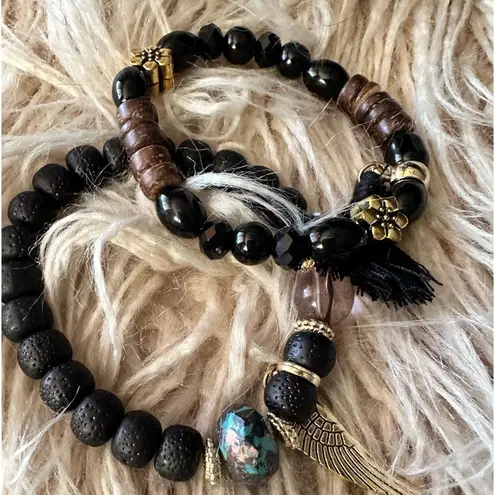 Beaded Angel Wing Bracelet Duo Set Black