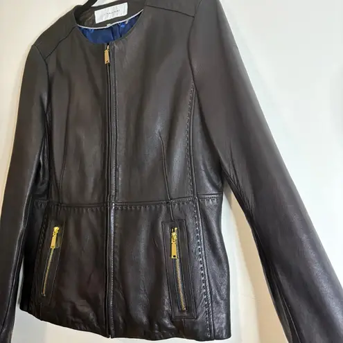 T Tahari Black Leather Collarless Zip Front Jacket Women's Size L