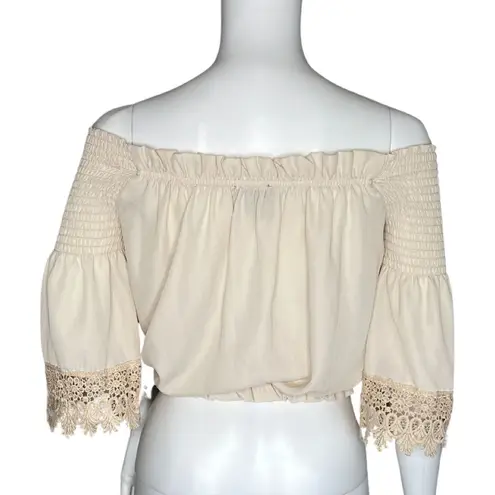 Revamped Shirt Womens XS Beige Bell Sleeve Lace Off The Shoulder Crop Neutral