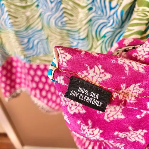 Tolani  100% Silk‎ Mixed Print V Neck Dress Green Blue Size Small