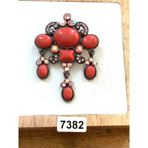 Vintage Rhinestone & Coral Cabochon Brooch Pin With Dangling Accents Pink