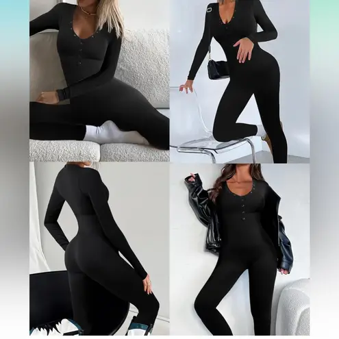 Long Sleeve V Neck Solid Lounge Jumpsuit Black