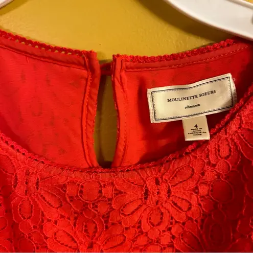 Moulinette Soeurs cotton, nylon blend lace overlay tailored blouse, orange, sz 4