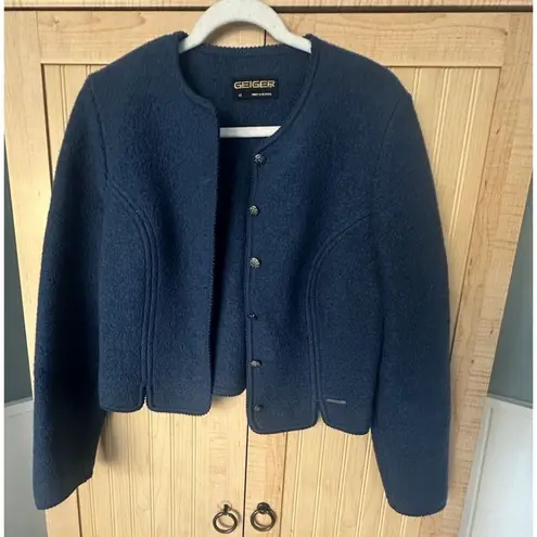 Geiger Women Teal Boiled Wool Sweater Jacket Blazer Button Front Size 42 *READ* Blue