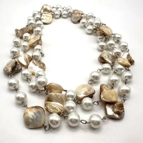Vintage Long Pearl Necklace and Shell Pearl 53”Double Classic White