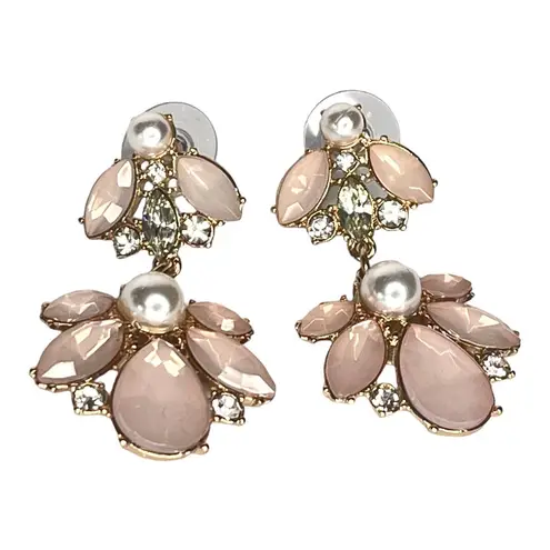 Pink Stone & Faux Pearl DBL BUMBLE BEE DANGLE EARRINGS Glass Stones Post Studs