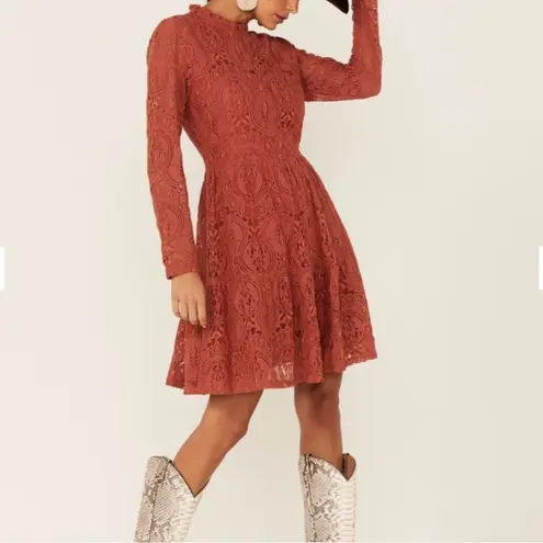 Molly Bracken Terracotta Rust Lace Tiered Dress with Sheer Sleeves Size M