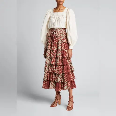 Ulla Johnson Margot Skirt Canyon Size 0 Tiered Brick Sea Green Midi Maxi Skirt