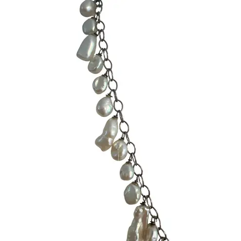 Vintage Sterling Silver Baroque Pearl Y Drop Necklace Collar Estate Adj 17" READ