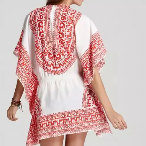 Trina Turk  Shangri-La Sequin Swim Cover-Up Size S? Red White Tribal V Neck Flowy