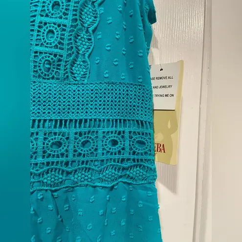 Reba NWT  Size S Turquoise Swiss Dot Lace Sleeveless Midi Dress Asymmetrical Hem