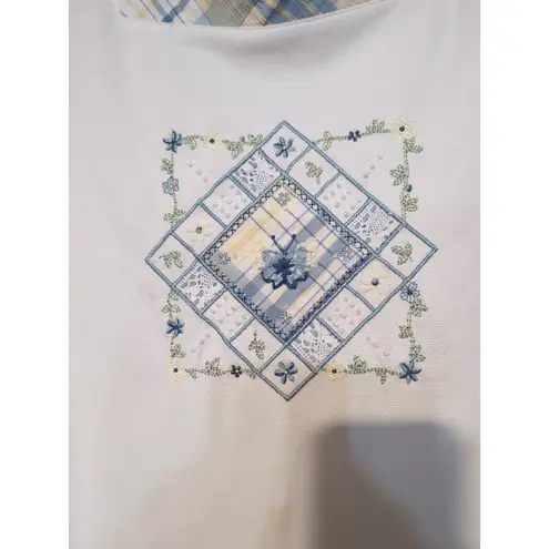 Koret Women's Large Blue Shirt, Floral Beaded Embroidered Top, Short Sleeve White