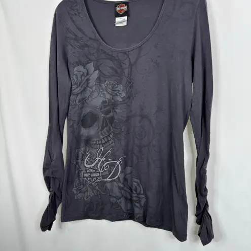 Y2K Harley Davidson Redding Womens Long Sleeve Skull Rose Graphic Tee XL Gray