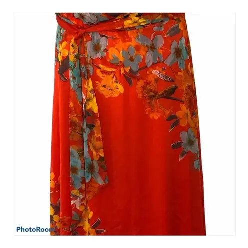 MSK Blouson Red Floral Belted Maxi Dress Size 8 Ankle Length Sleeveless