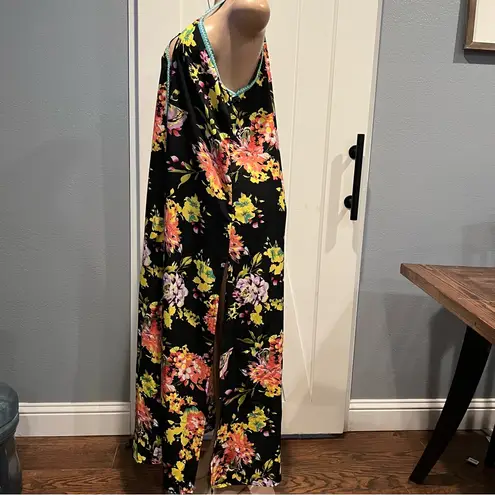 Floral sheer swim coverup Maxi Dress w/embroidery Trim size L high side slits Black Size L